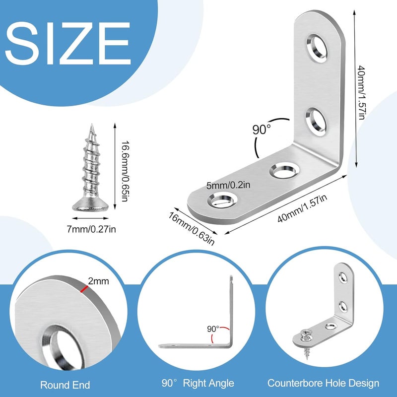 Romeda 16 Pcs L Bracket Stainless Steel Corner Brace Sets, 90 Degree Right Angle Brackets with 64 Pcs Screws, L Bracket Firmware for Wooden Shelves, Chairs, Tables, Dressers, Furniture (Silver) - Image 2
